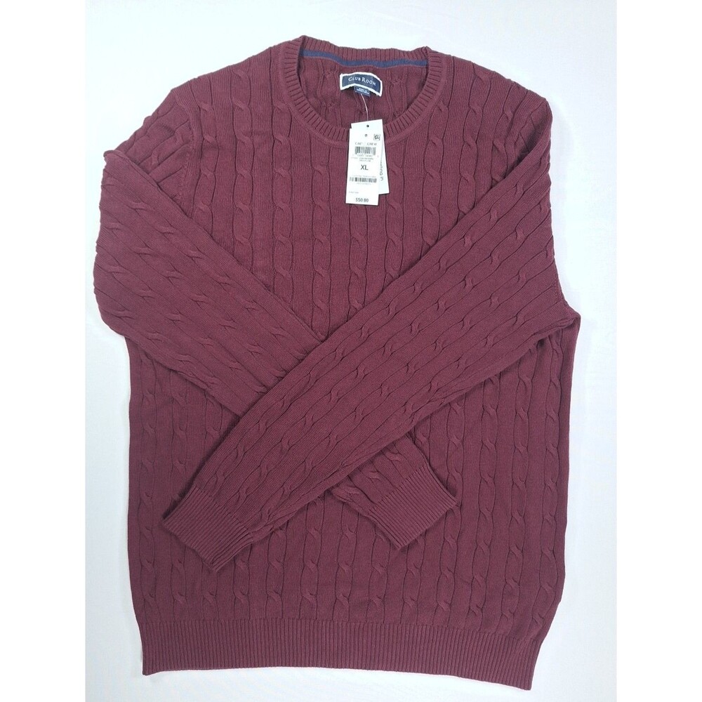 Club Room Men’s XL Red Plum Cable Knit Crewneck Cotton Sweater Pullover NWT